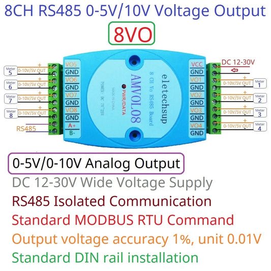 AMVOL08 8 Channel Analog Output 0-10V 0-5V AO Module RS485 Modbus RTU To Voltage PLC Remote IO Expansion Board