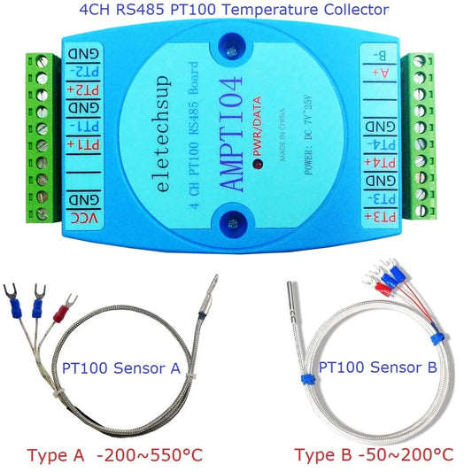 AMPTI04 4CH -40~300 Celsius PT100 RTD Temperature Sensor Collector Module RS485 Analog Read Modbus RTU PLC Expanding Board