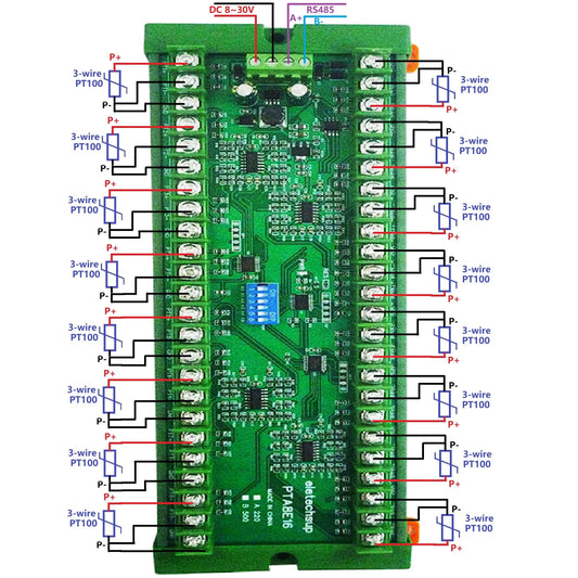 PTA8E16 16CH DC 12V 24V Temperature Analog PT100 Resistance RS485 Collector Modbus RTU -40-500 High Temperature Acquisition Board