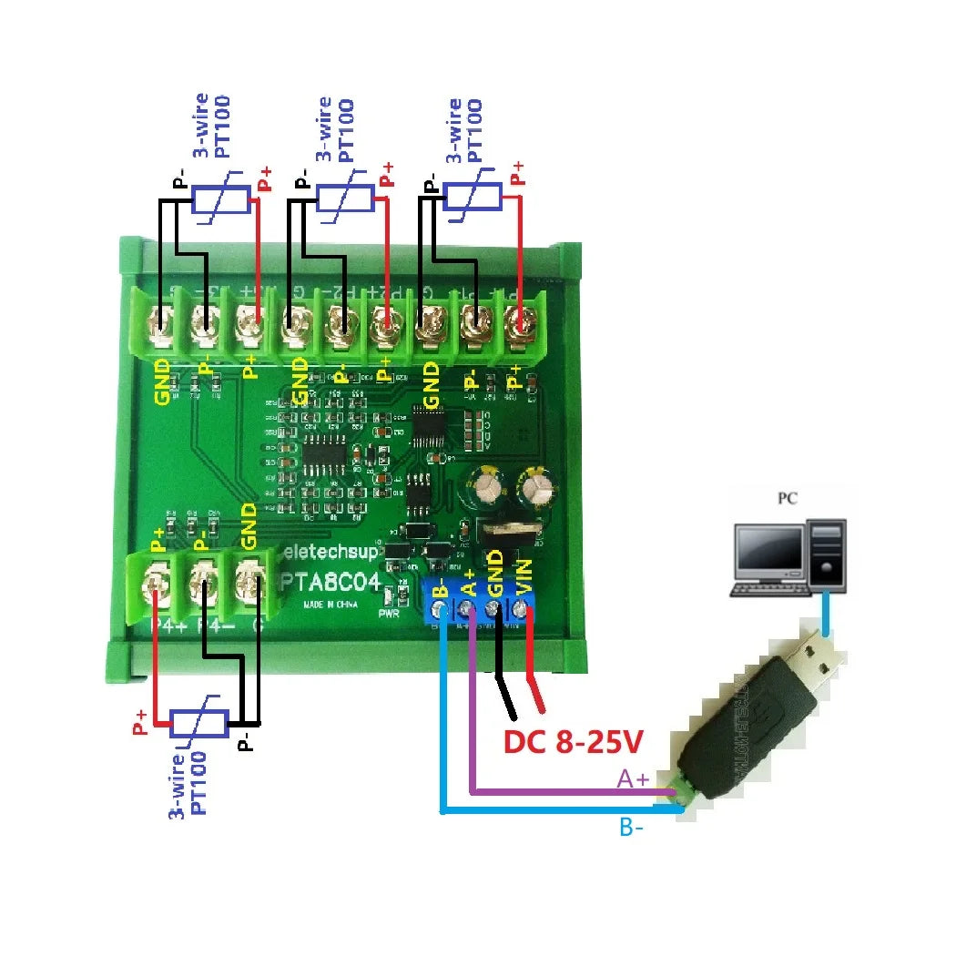 PTA8C04 4ch 500 Celsius PT100 Thermocouple RTD emperature Sensor RS485 Temperature Sensor Module Modbus RTU Board Paperless Recorder