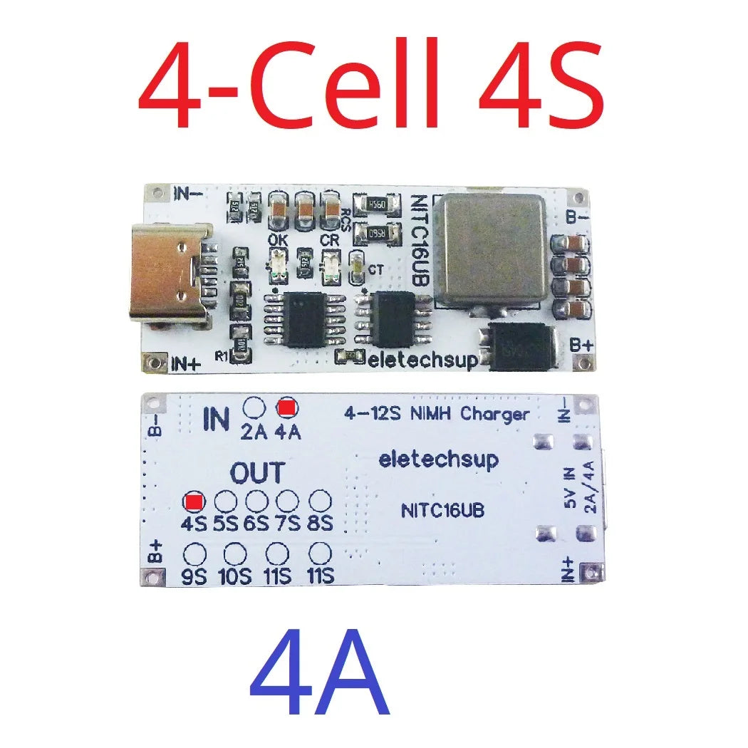 NITC16UB 2A/4A 4-12 Cell NIMH Charger Module TYPE-C DC 5V Boost BMS CC/CV NiCd for 4.8V 6V 7.2V 8.4V 9.6V 10.8V 12V 13.2V 14.4V Battery
