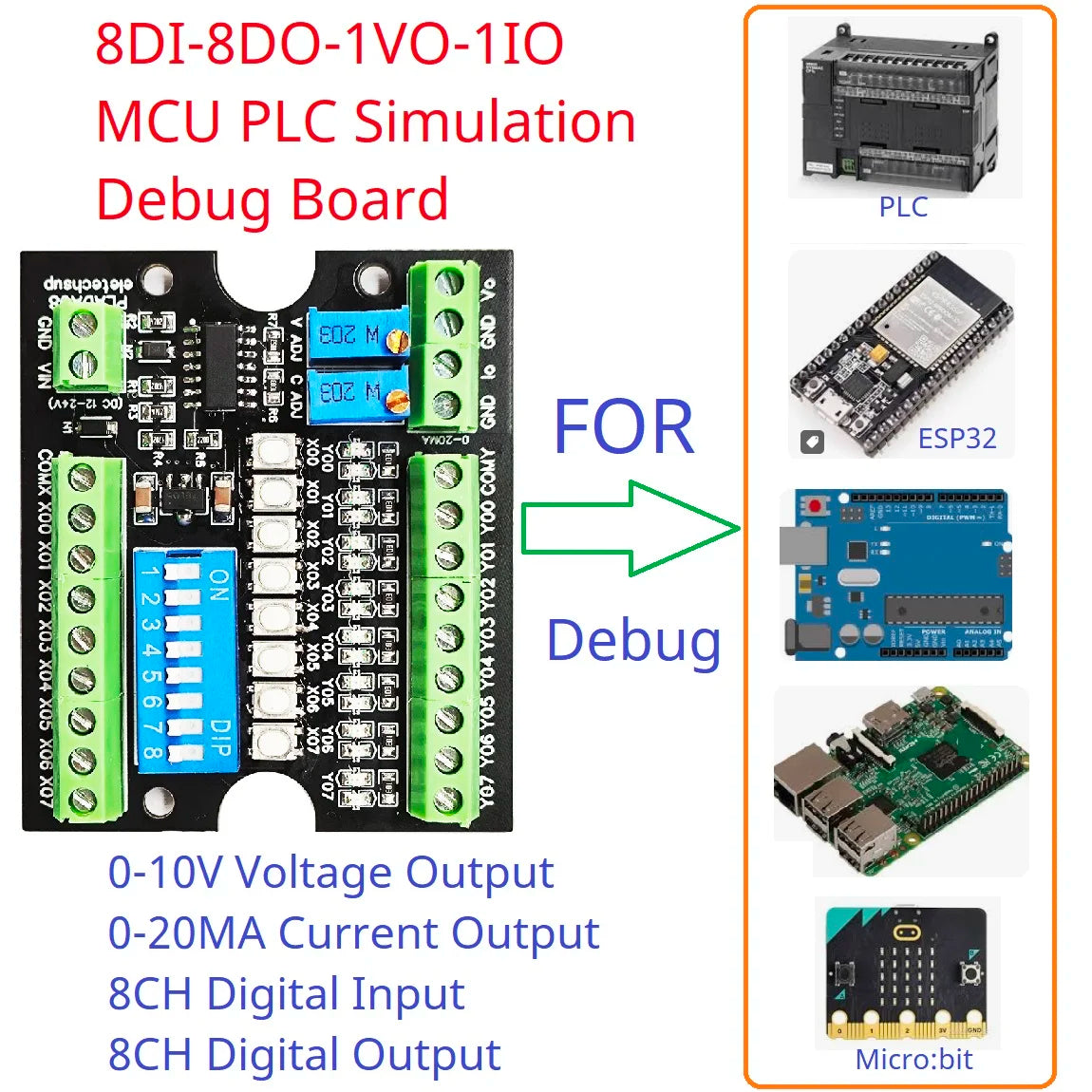 PLADA08 MCU PLC Simulation Debug Board 0-10V 4-20MA Output ADC DAC Tester NPN PNP DI-DO Module for Arduino ESP32 Raspberry pi Micro:bit