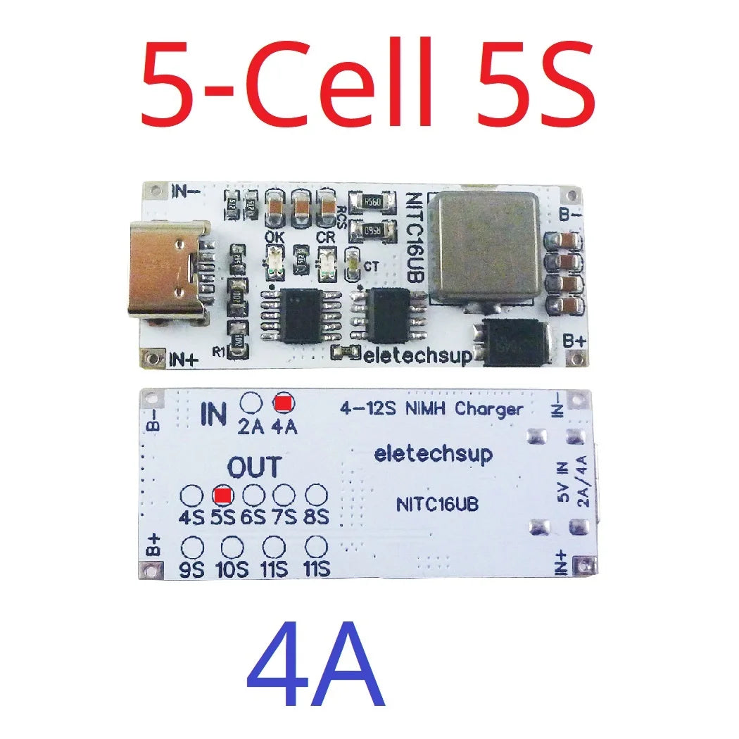NITC16UB 2A/4A 4-12 Cell NIMH Charger Module TYPE-C DC 5V Boost BMS CC/CV NiCd for 4.8V 6V 7.2V 8.4V 9.6V 10.8V 12V 13.2V 14.4V Battery