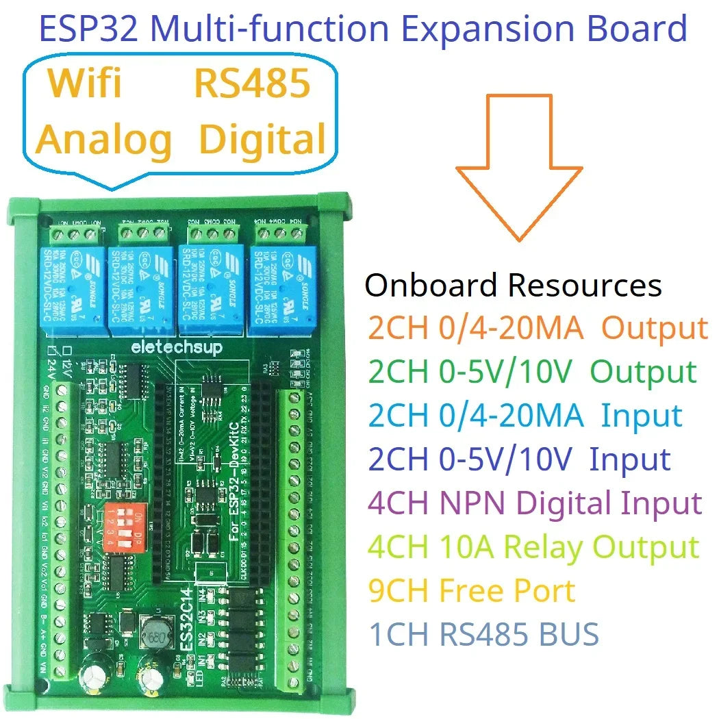 ES32C14 DC 12V 24V ESP32 Expansion Board Digital Analog DAC ADC IO Wifi Relay Switch ES32C14 Module for Arduino PLC Smart Home IOT Diy