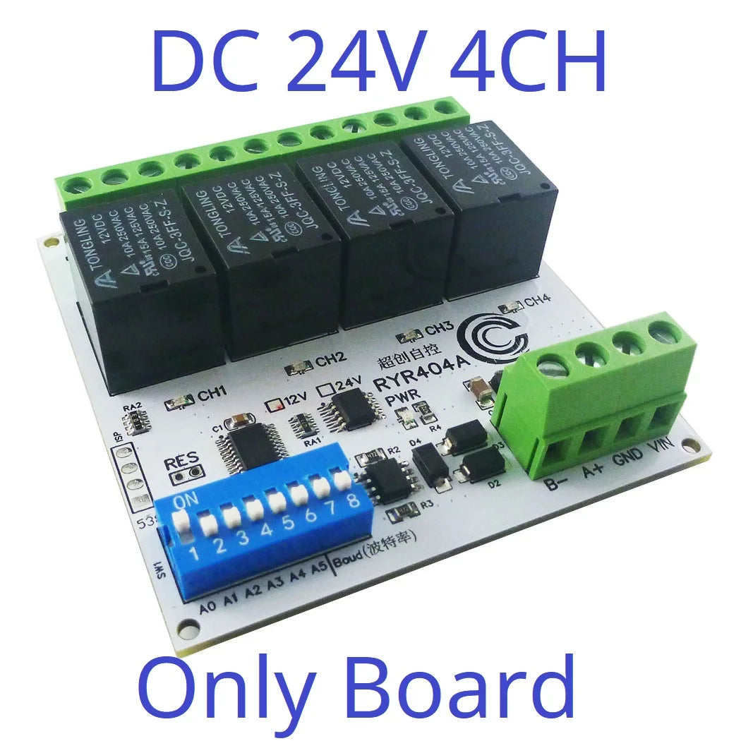 RYR404A 4CH DC 12V 24V Modbus RTU RS485 DO Relay Module DIP Switch Setting Parameters With DIN BOX