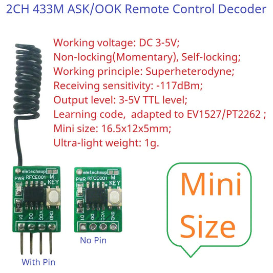 RFCE001 Mini 2CH 433M UHF Wireless Receiver PT2262 2264 EV1527 Decoder ASK OOK Learning Fixed Code Decoding Module Smart Home Automation
