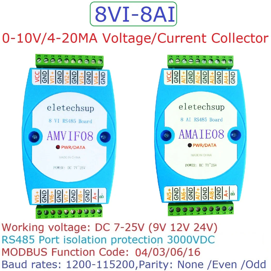 AMVIF08 AMAIE08 DC 12V-24V 8AI 8VI 4-20MA /0-10V to RS485 Current/Voltage ADC Collector Read Capture Module MODBUS RTU PLC Board