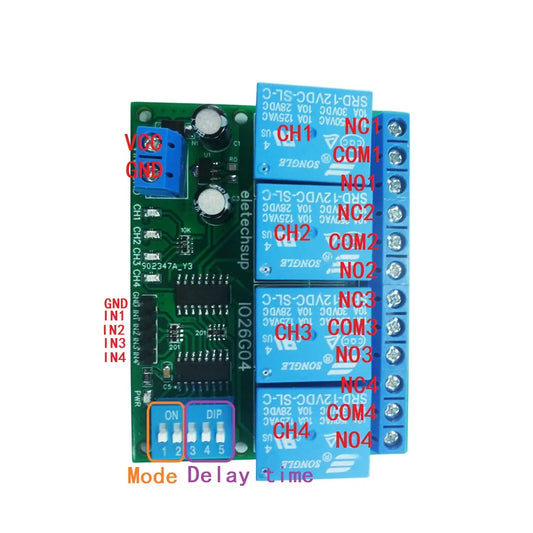 IO26G04 4ch Multifunction Delay Relay Module Flip-Flop Latch Bistable Self-locking Interlock Latch Power Conditioner Sequencer Board