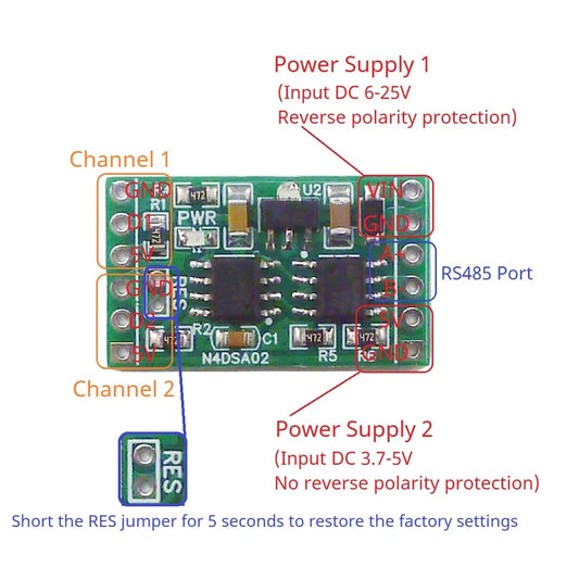 N4DSA02 2CH RS485 Digital Temperature Collector DS18B20 Sensor DC 5V 12V 24V Modbus Analog Input IO for Thermostat Smart Home R46CA01
