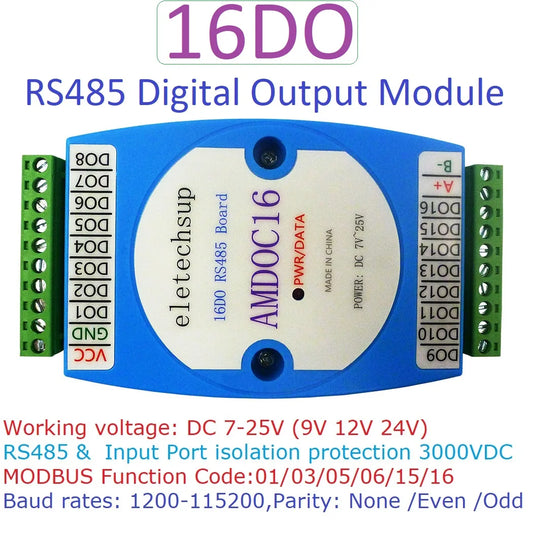 AMDOC16 Integrated Circuit Board with 16 Digital Outputs, RS485 Isolated Communication, MODBUS RTU Protocol, for DC 12V 24V Systems
