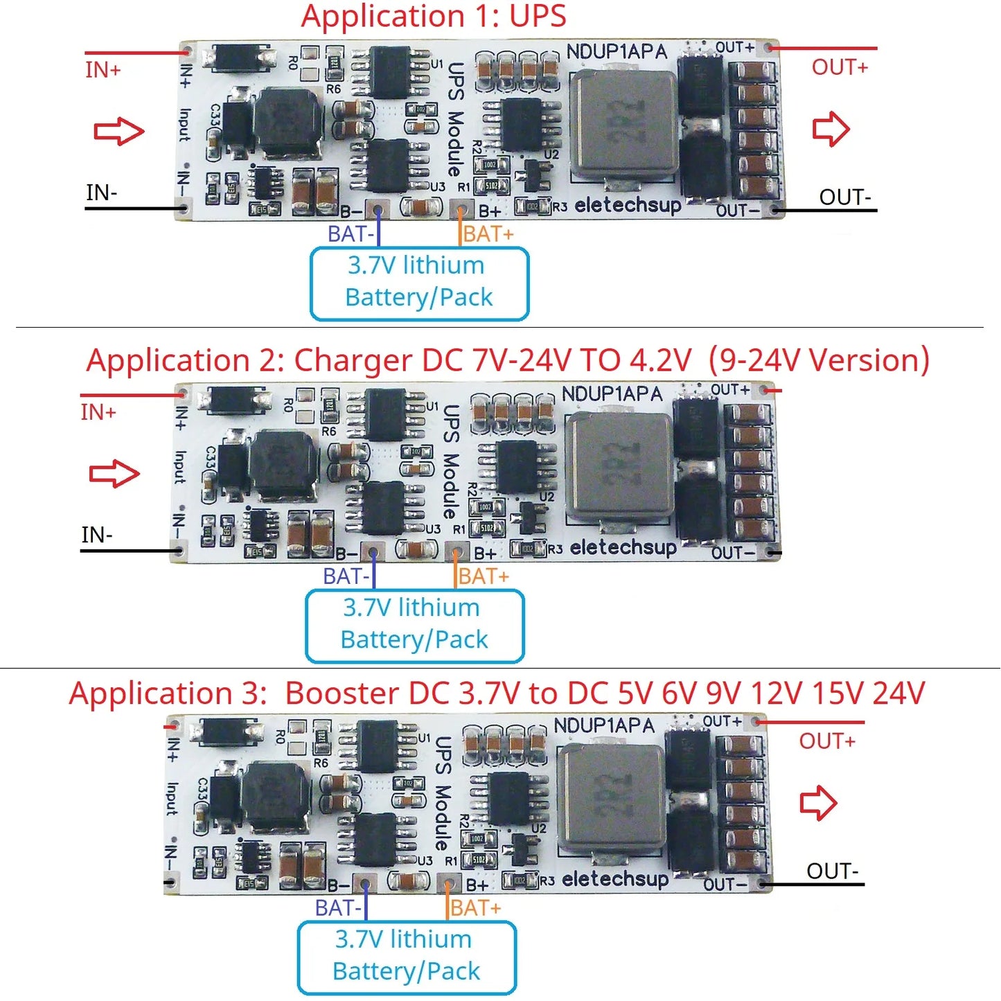 NDUP1APA High Efficiency Large Power DC 5V 6V 9V 12V 15V 24V UPS Module IN-OUT 3.7V 4.2V Lithium Battery Charger Discharge Home Network