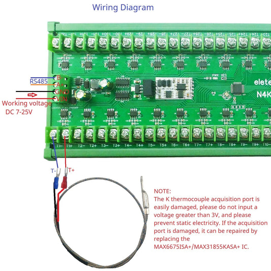 N4KTF32 32CH K Thermocouple -200-1350C Ultra-wide Temperature Collector RS485 Analog Remote IO Board Thermocouple-to-Digital Converter