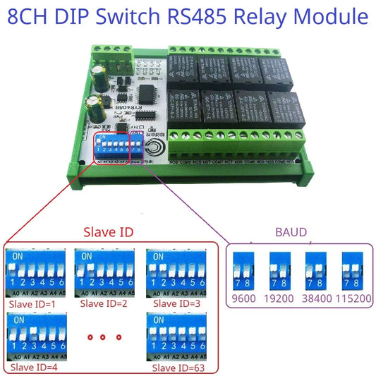 RYR408B 8CH DC 12V 24V Modbus Relay Module(DIP Switch Set Parameters)