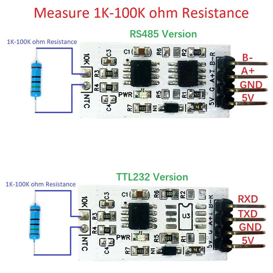 NT38D01 1k-100K Resistance to RS485 RS232(TTL) Converter 10K 3950 NTC Thermistor Temperature Acquisition Module