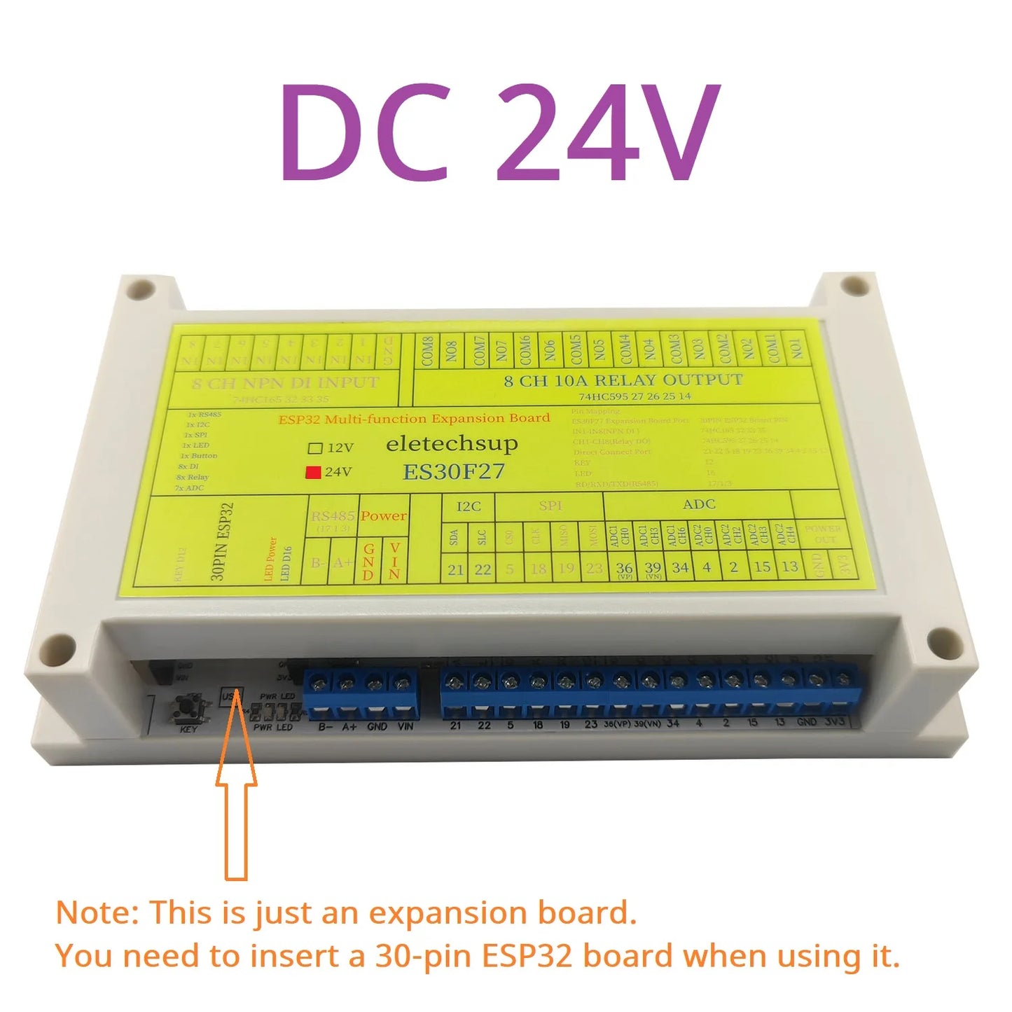 ES30F27 Multi-Function ESP32 Relay Expansion Board with 8DI-8DO-7ADC and RS485