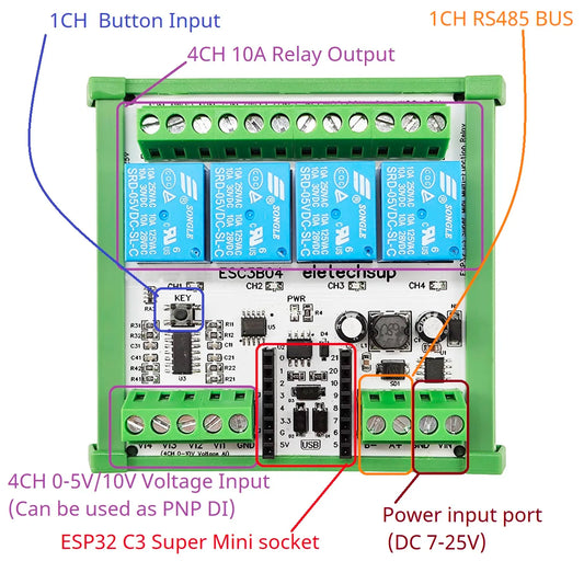 ESC3B04 DC 9V 12V 24V 4AI-4DO 0-10V Analog Input ESP32 C3 Super Mini RS485 Relay Expansion Board Smart Home IOT Simple PLC