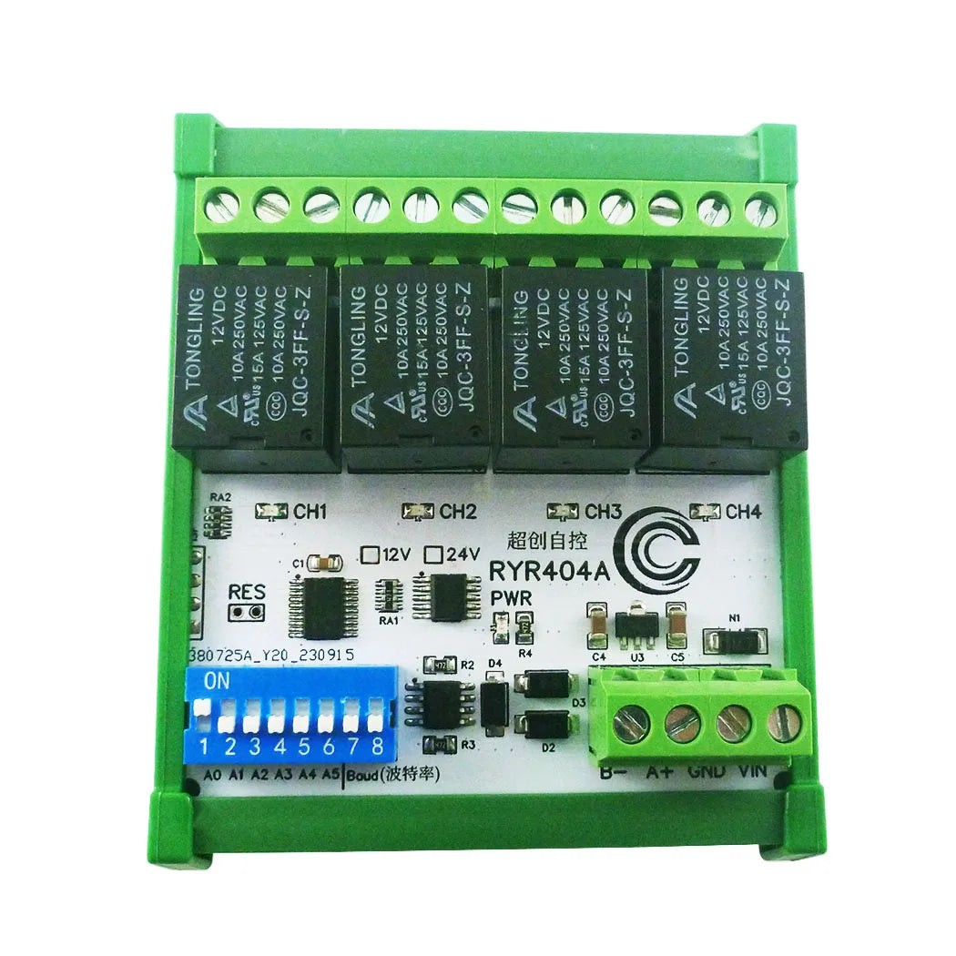 RYR404A 4CH DC 12V 24V Modbus RTU RS485 DO Relay Module DIP Switch Setting Parameters With DIN BOX