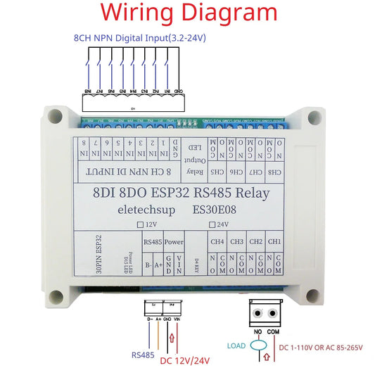 ES30E08 ESP32 30 pins RS485 Wifi Programmable Relay 2.4G Wireless Control Smart Switch Expansion ESP3 slot RS485 8DI 8DO 8Relay 1Button 1LED For Diy Mqtt Http TCP IP IOT