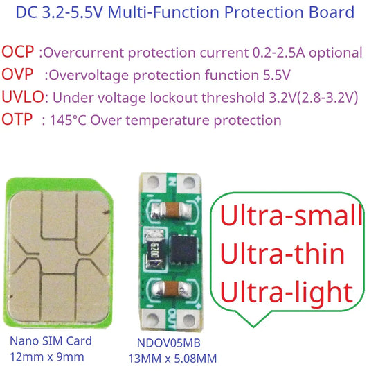 NDOV05MB DC 3.3-5V 0.2-2.5A Overvoltage Overcurrent Power Supply Protector OCP OVP UVLO OTP Protection Module for 18650 Lion Lifepo4 NIMH