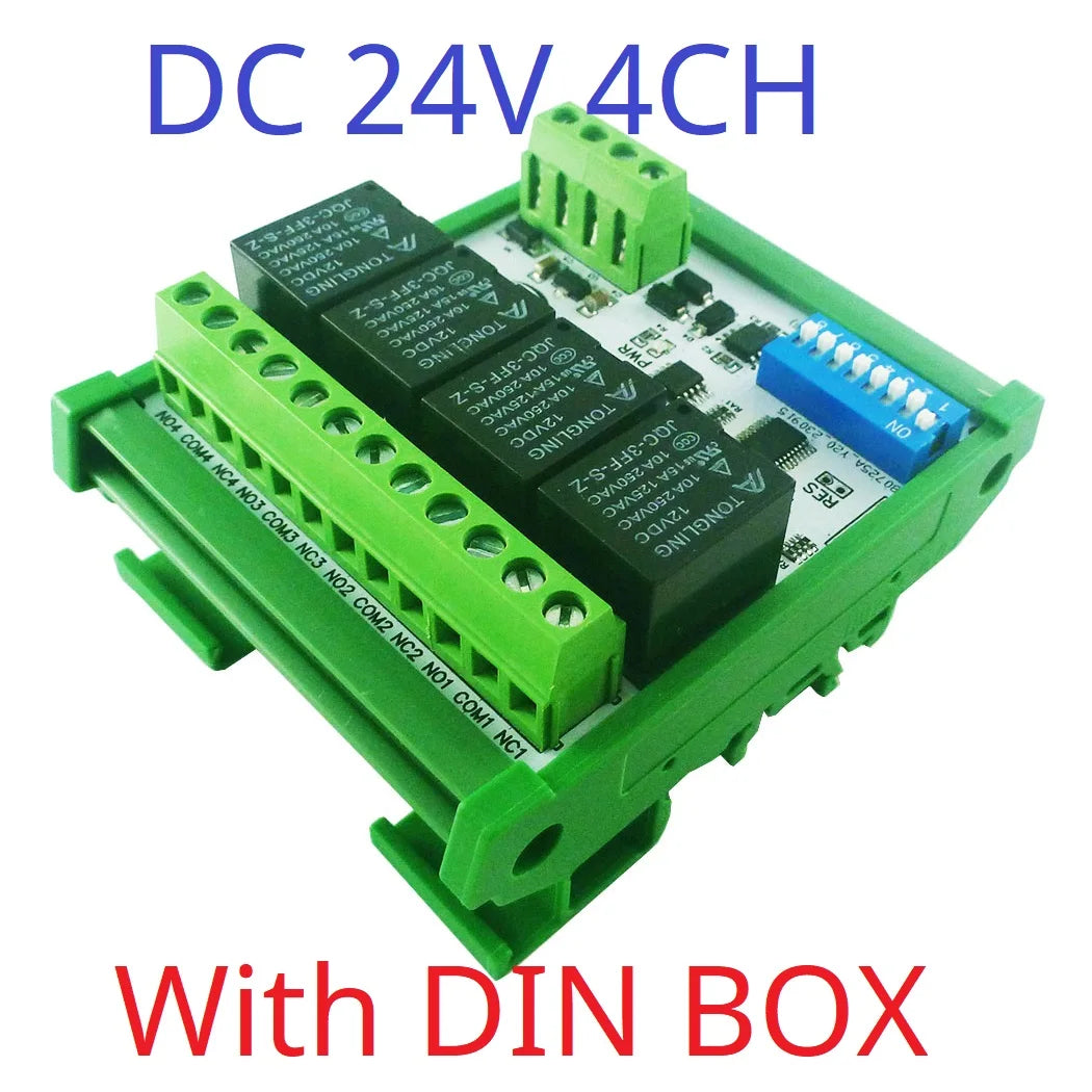 RYR404A 4CH DC 12V 24V Modbus RTU RS485 DO Relay Module DIP Switch Setting Parameters With DIN BOX