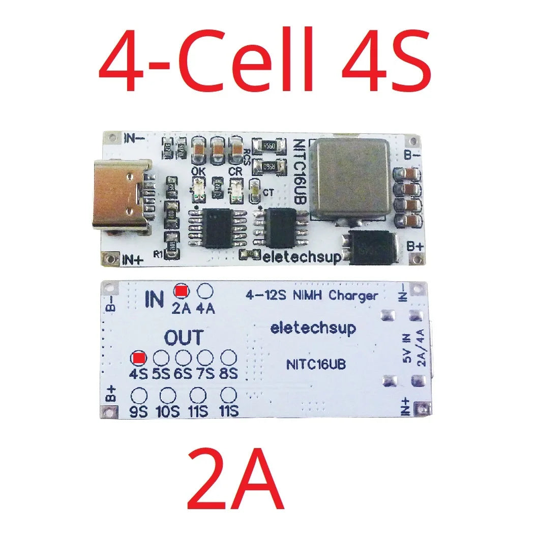 NITC16UB 2A/4A 4-12 Cell NIMH Charger Module TYPE-C DC 5V Boost BMS CC/CV NiCd for 4.8V 6V 7.2V 8.4V 9.6V 10.8V 12V 13.2V 14.4V Battery
