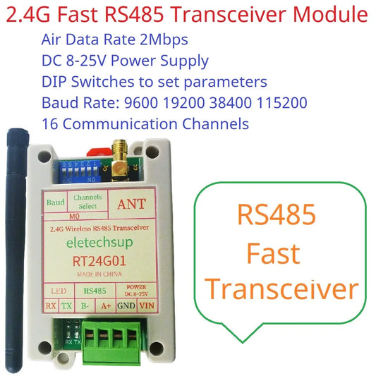 RT24G01 UHF Radio Modem 2Mbps Air Data Rate RS485 Fast Transceiver 2.4G 20DBM Quasi-Full-Duplex UART DTU Module for Smart Meter Scale