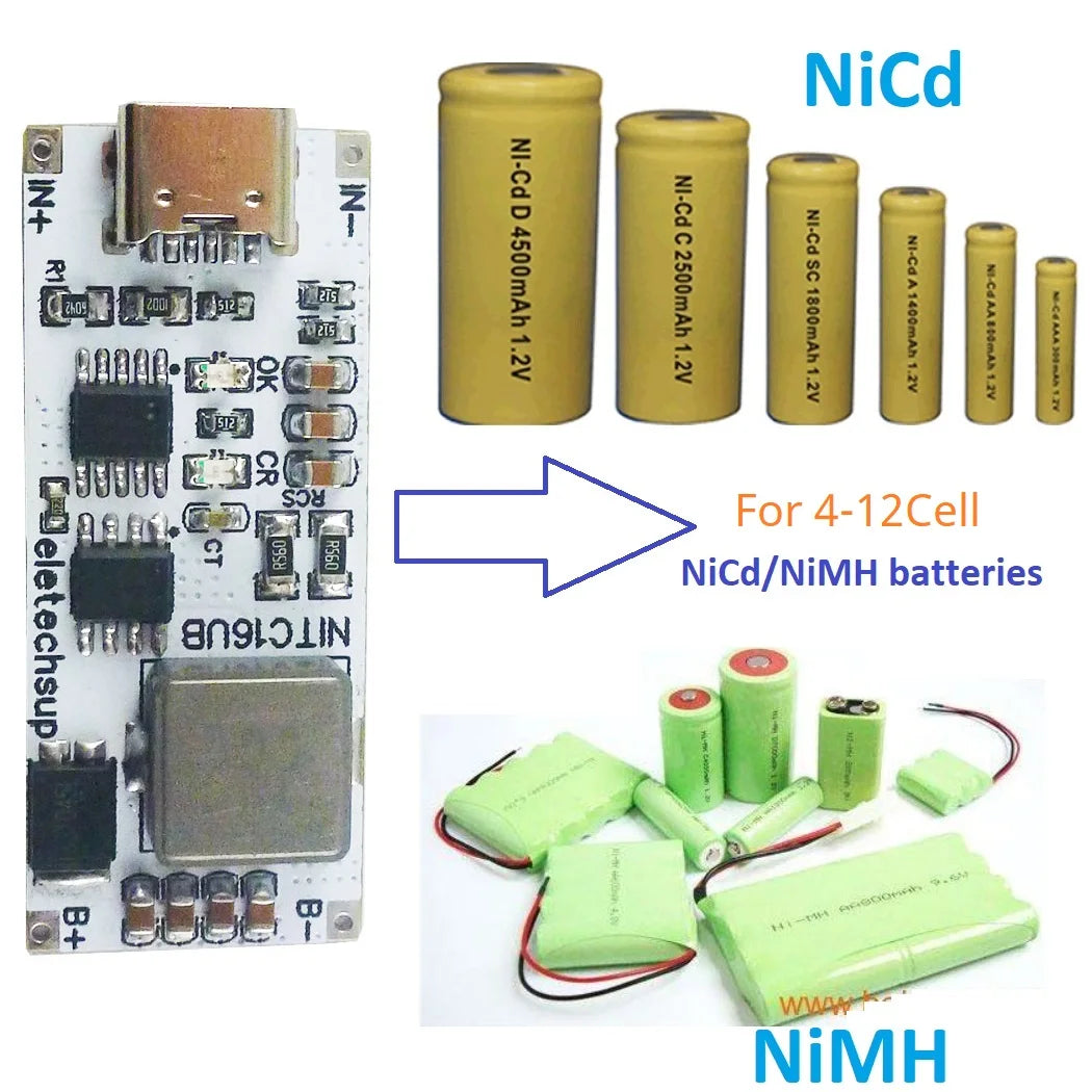 NITC16UB 2A/4A 4-12 Cell NIMH Charger Module TYPE-C DC 5V Boost BMS CC/CV NiCd for 4.8V 6V 7.2V 8.4V 9.6V 10.8V 12V 13.2V 14.4V Battery