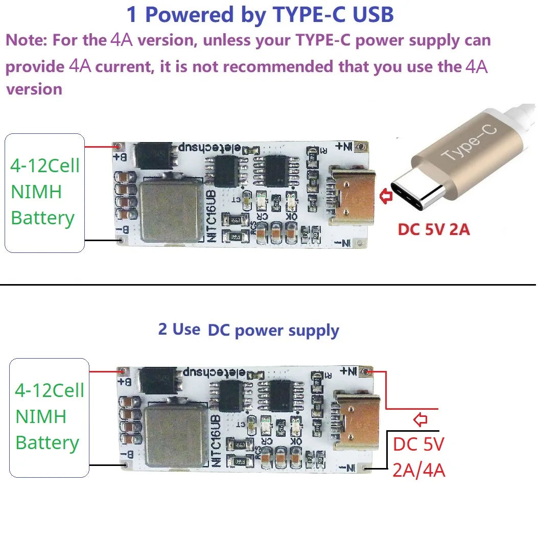 NITC16UB 2A/4A 4-12 Cell NIMH Charger Module TYPE-C DC 5V Boost BMS CC/CV NiCd for 4.8V 6V 7.2V 8.4V 9.6V 10.8V 12V 13.2V 14.4V Battery