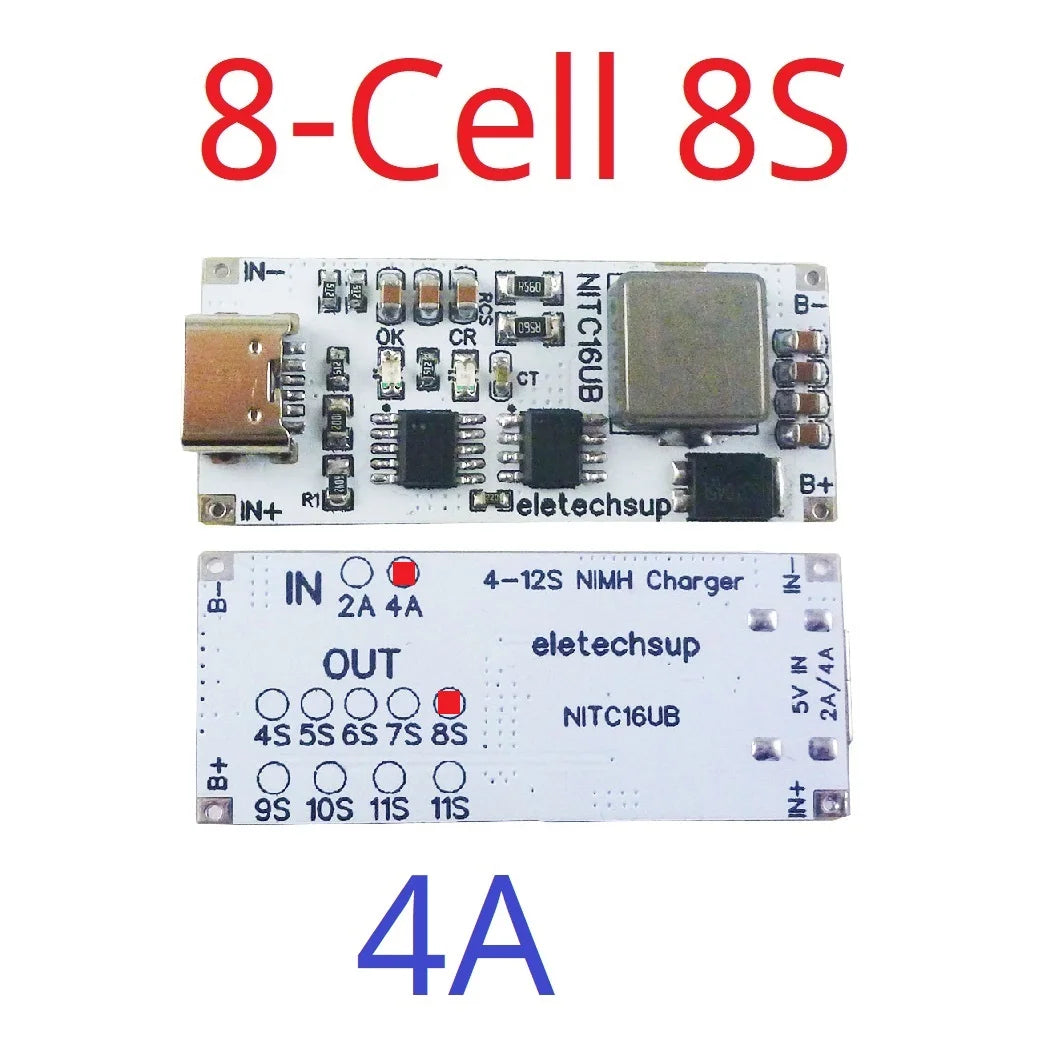 NITC16UB 2A/4A 4-12 Cell NIMH Charger Module TYPE-C DC 5V Boost BMS CC/CV NiCd for 4.8V 6V 7.2V 8.4V 9.6V 10.8V 12V 13.2V 14.4V Battery