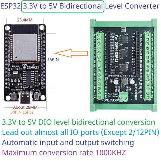 DNLCB30 ESP32 Wifi 3.3V to 5V Bidirectional Level Converter LvTTL to TTL IO Automatic Switching Din Rail Expansion Board for Arduino IOT