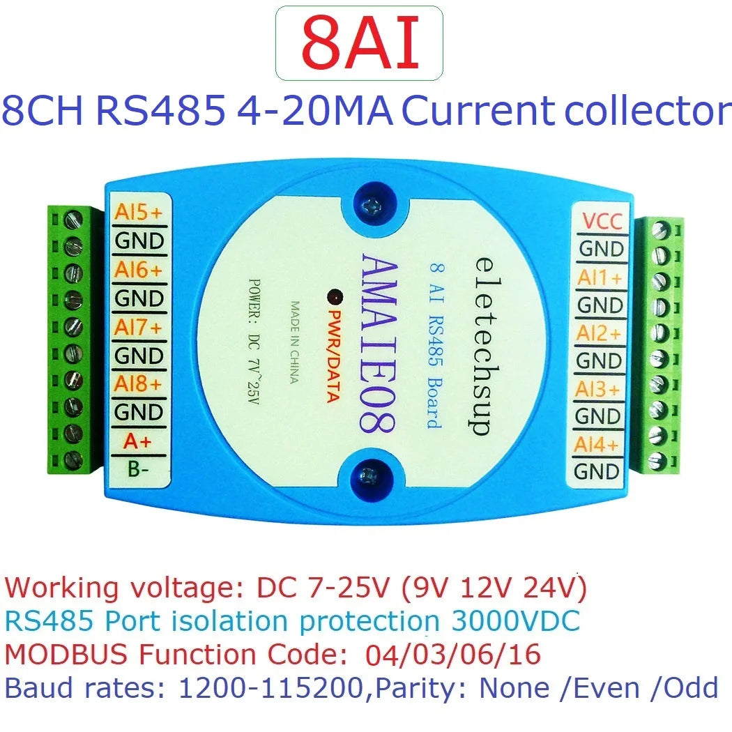 AMAIE08 8ch 12V-24V 4-20MA/0-20MA Current Collector Module RS485 MODBUS RTU Board for Shunt Hall fluxgate Pressure 2/3-wire Sensor