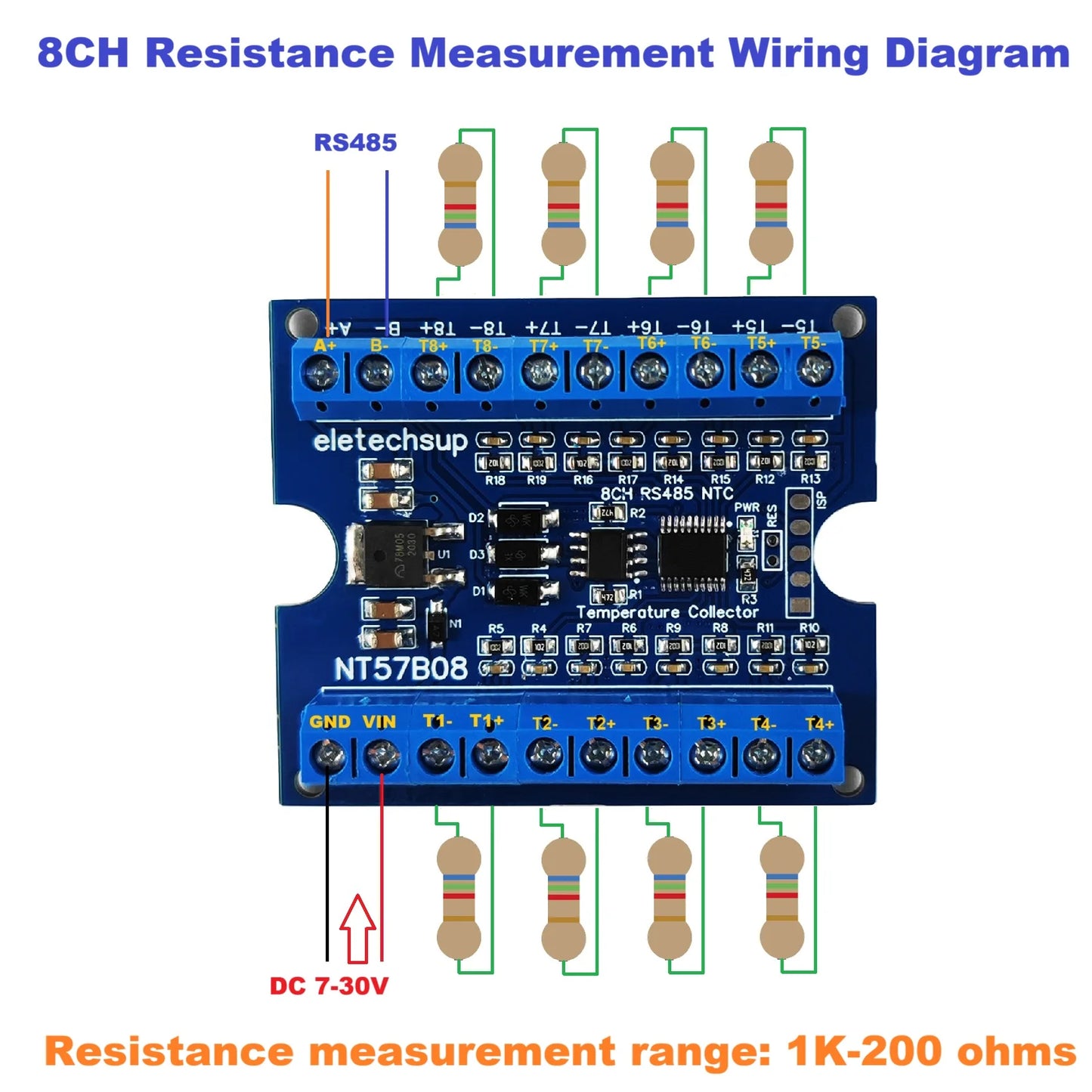 NT57B08 8CH Temperature & Resistance Acquisition Board Modbus RTU RS485 NTC Thermocouple Sensors Paperless Paperless Recorder Controller
