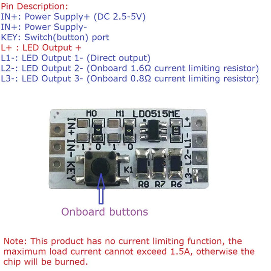 LD0515ME DC2.5V-5V 1200MA Multifunctional LED Controller Working Mode Current Can be Set ON/OFF Flashing SOS Flashlight USB Lighting Lamp