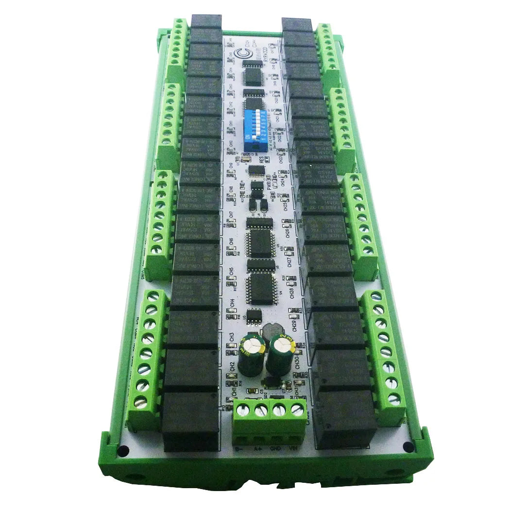 RYR432D Easy to Install DIN Rail Box DIP Switch Setup Parameters DC 12V 24V 20A 32CH Modbus RTU RS485 Relay Module RYR432D