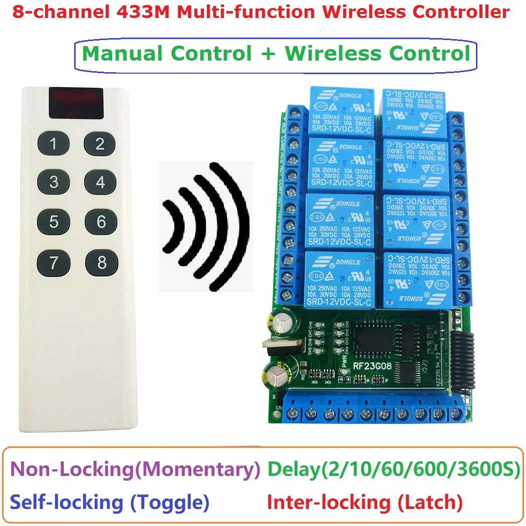 RF23G08 8Ch 433.92M EV1527 Learning Code OOK ASK RC Multi-function Remote Control Module DC 5V 12V 24V
