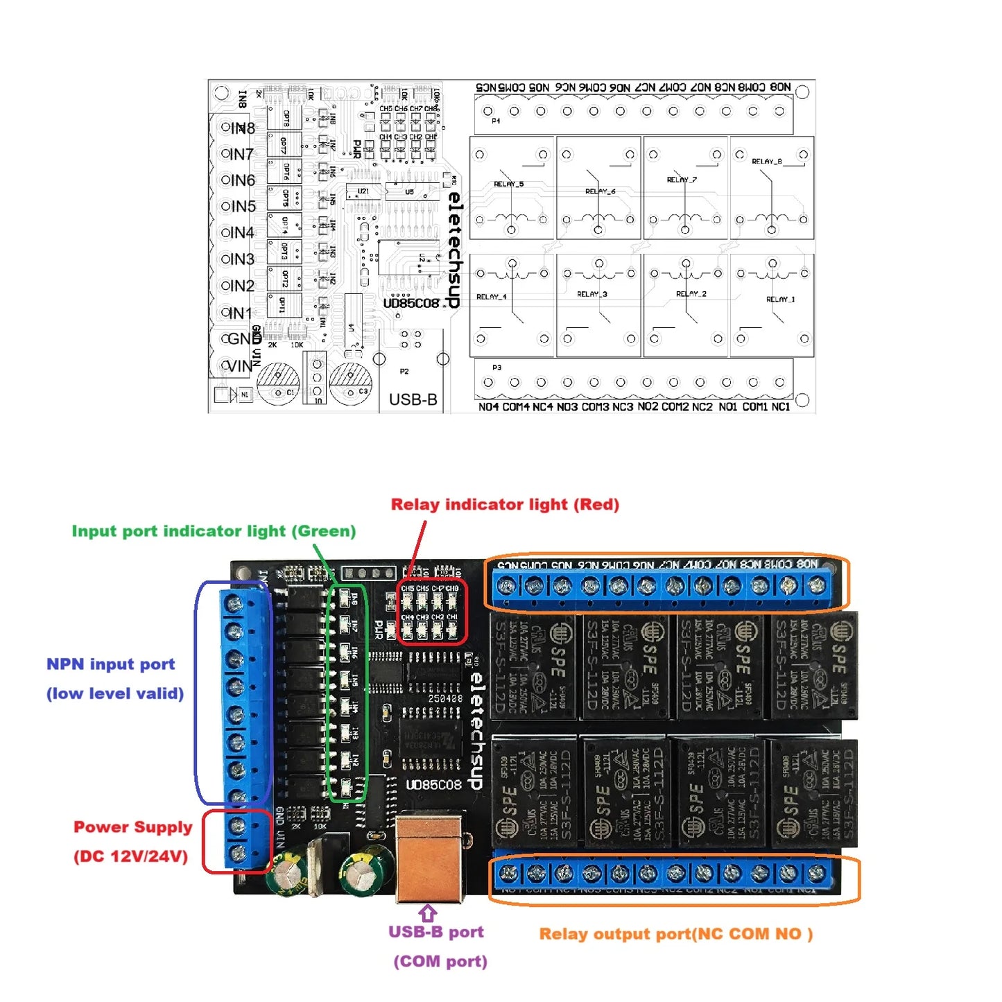 UD85C08 8DI-8DO Industrial-grade Multi-function USB Relay Board PC UART COM Switch Module With Input Indicator Light DC 12V 24V