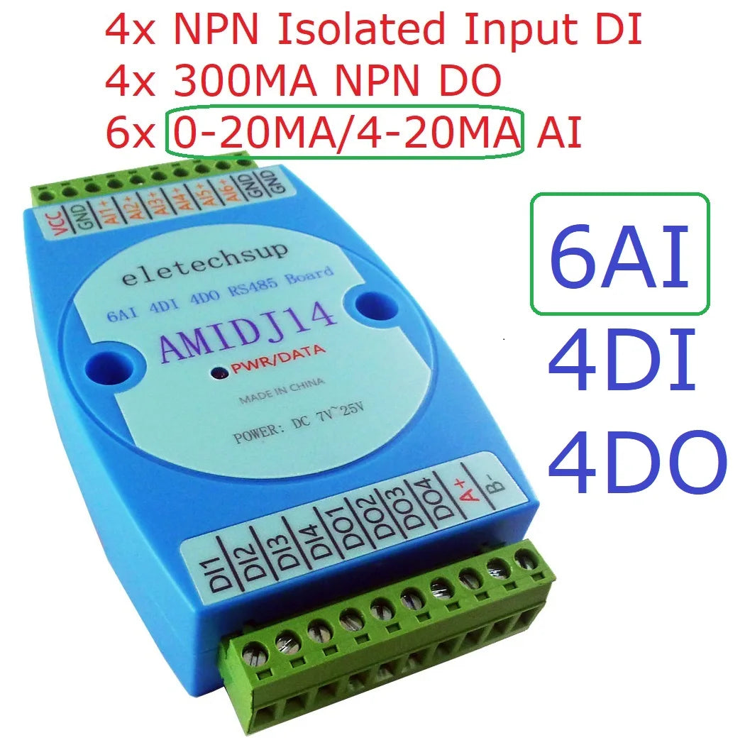 AMIDJ14 AMVDK15 3IN1 6AI-4DI-4DO 4-20MA 0-5 0-10V DI-DO RS485 IO Module for Temperature Humidity PT100 K J Thermocouple Sensor Motion Detector