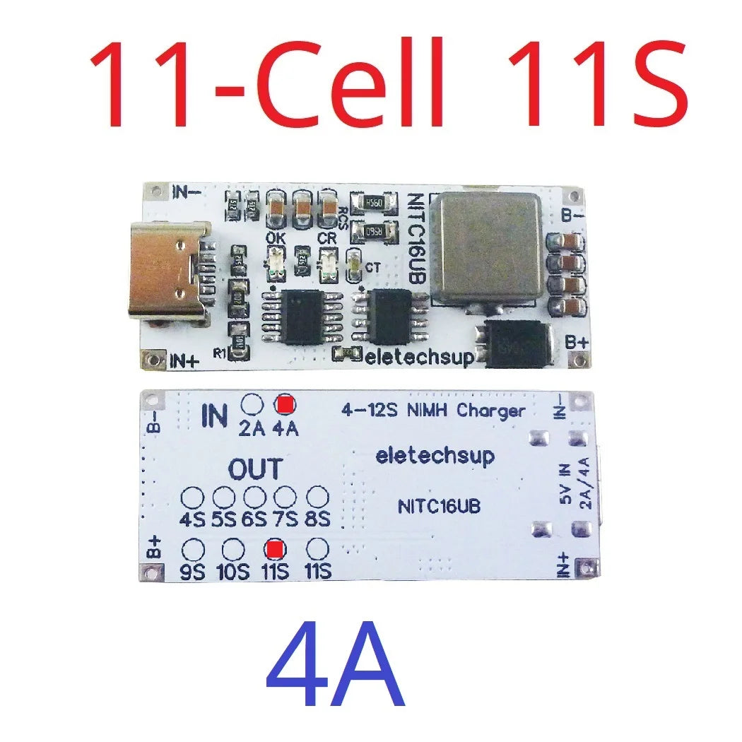 NITC16UB 2A/4A 4-12 Cell NIMH Charger Module TYPE-C DC 5V Boost BMS CC/CV NiCd for 4.8V 6V 7.2V 8.4V 9.6V 10.8V 12V 13.2V 14.4V Battery