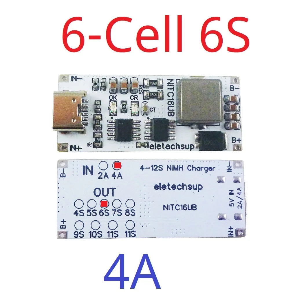 NITC16UB 2A/4A 4-12 Cell NIMH Charger Module TYPE-C DC 5V Boost BMS CC/CV NiCd for 4.8V 6V 7.2V 8.4V 9.6V 10.8V 12V 13.2V 14.4V Battery