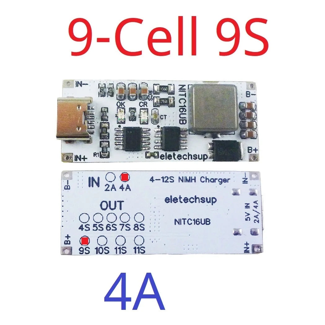 NITC16UB 2A/4A 4-12 Cell NIMH Charger Module TYPE-C DC 5V Boost BMS CC/CV NiCd for 4.8V 6V 7.2V 8.4V 9.6V 10.8V 12V 13.2V 14.4V Battery