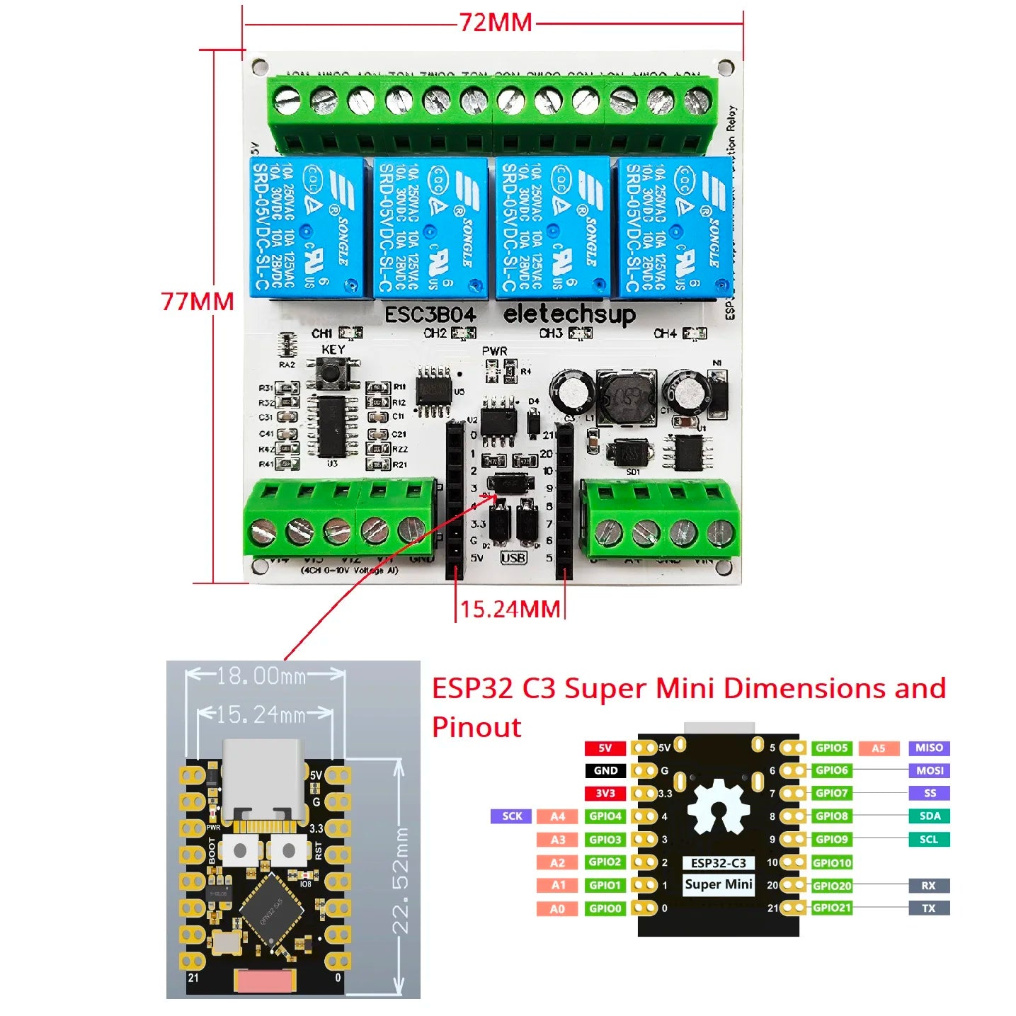 ESC3B04 DC 9V 12V 24V 4AI-4DO 0-10V Analog Input ESP32 C3 Super Mini RS485 Relay Expansion Board Smart Home IOT Simple PLC