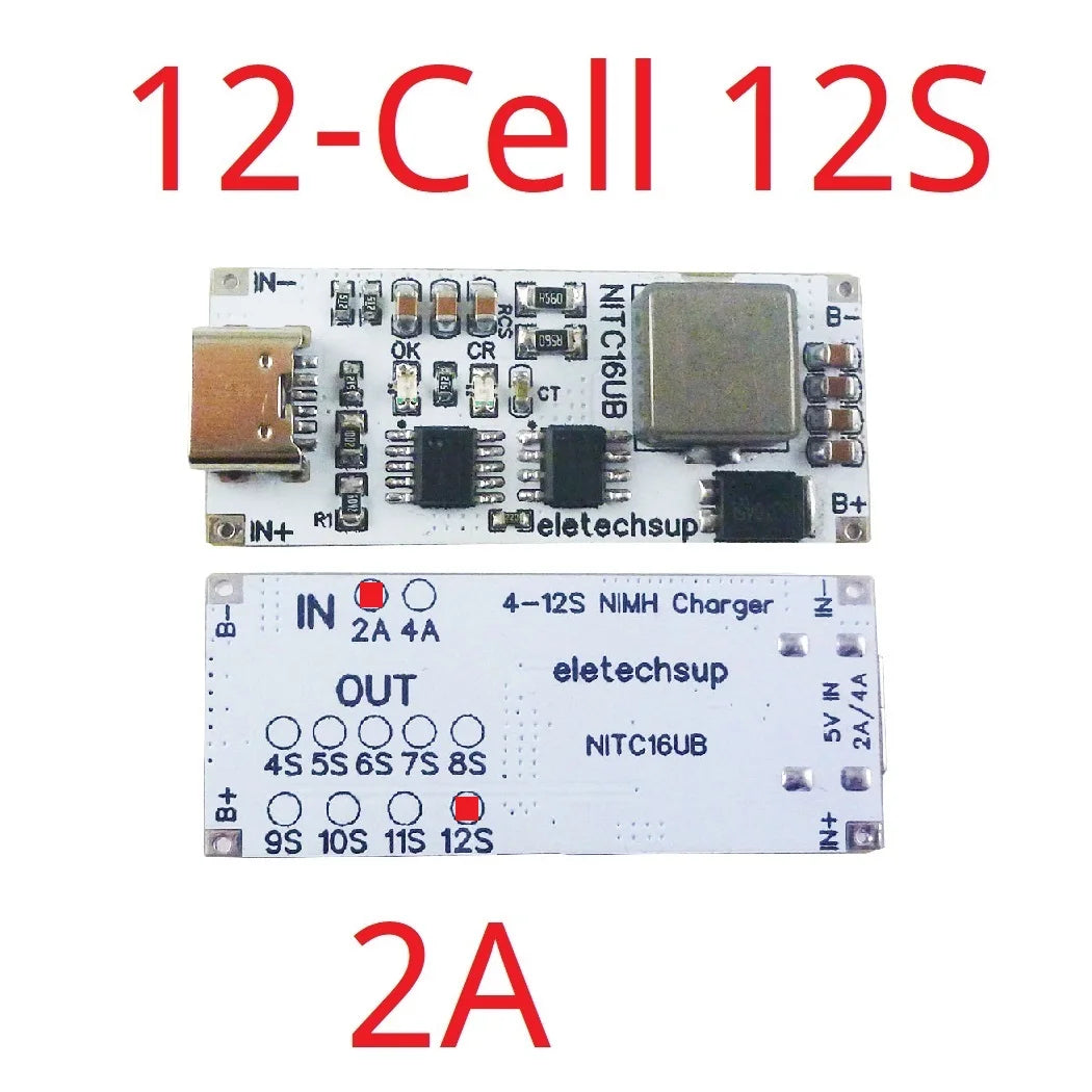 NITC16UB 2A/4A 4-12 Cell NIMH Charger Module TYPE-C DC 5V Boost BMS CC/CV NiCd for 4.8V 6V 7.2V 8.4V 9.6V 10.8V 12V 13.2V 14.4V Battery