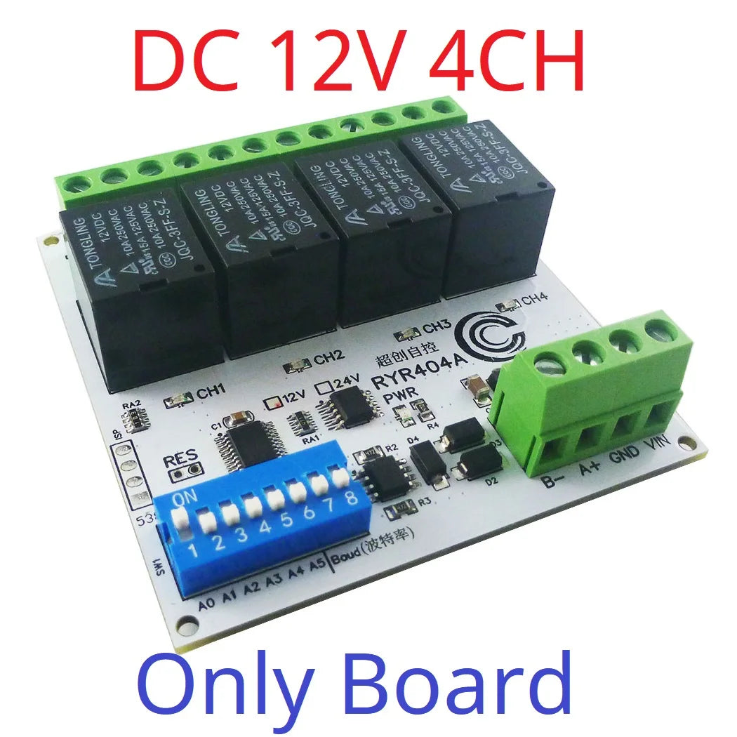 RYR404A 4CH DC 12V 24V Modbus RTU RS485 DO Relay Module DIP Switch Setting Parameters With DIN BOX