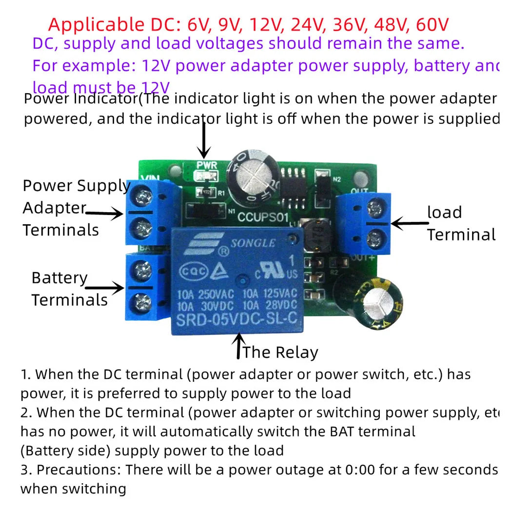 CCUPS01 DC 6V-60V UPS Automatic Switching Power-OFF Protection Module for WIFI Router Camera PTZ Security Equipment