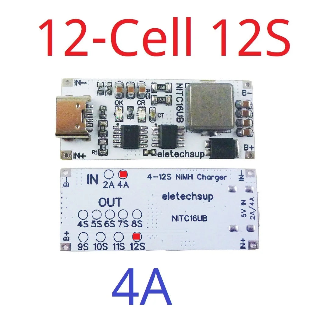 NITC16UB 2A/4A 4-12 Cell NIMH Charger Module TYPE-C DC 5V Boost BMS CC/CV NiCd for 4.8V 6V 7.2V 8.4V 9.6V 10.8V 12V 13.2V 14.4V Battery