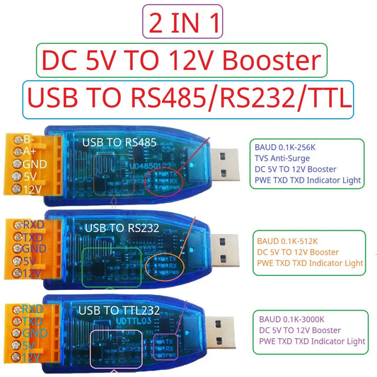 UDTTL03 UD23202 UD48501 12V 5V VCC Output USB to RS485 RS232 TTL Converter UART PC COM Serial Port Module for PLC IO HMI MCU PTZ Smart Home Debugging