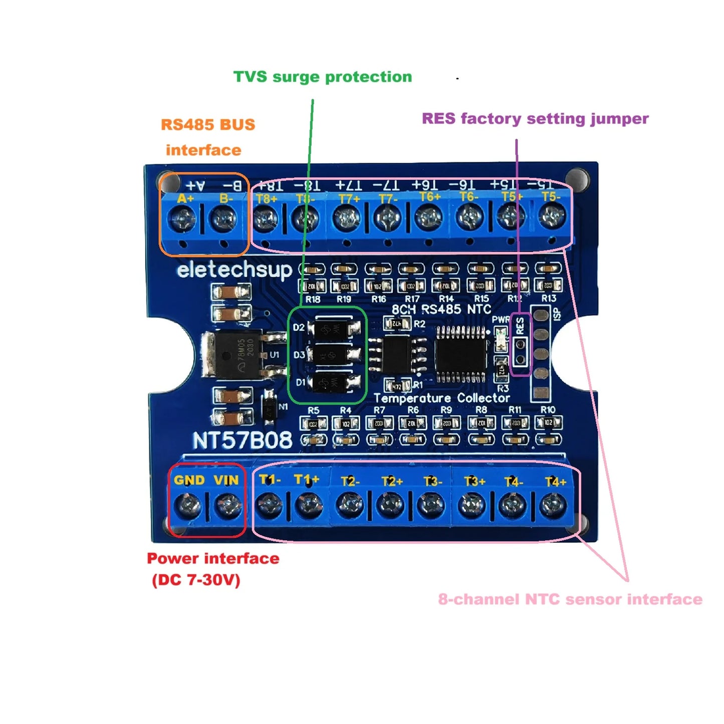 NT57B08 8CH Temperature & Resistance Acquisition Board Modbus RTU RS485 NTC Thermocouple Sensors Paperless Paperless Recorder Controller