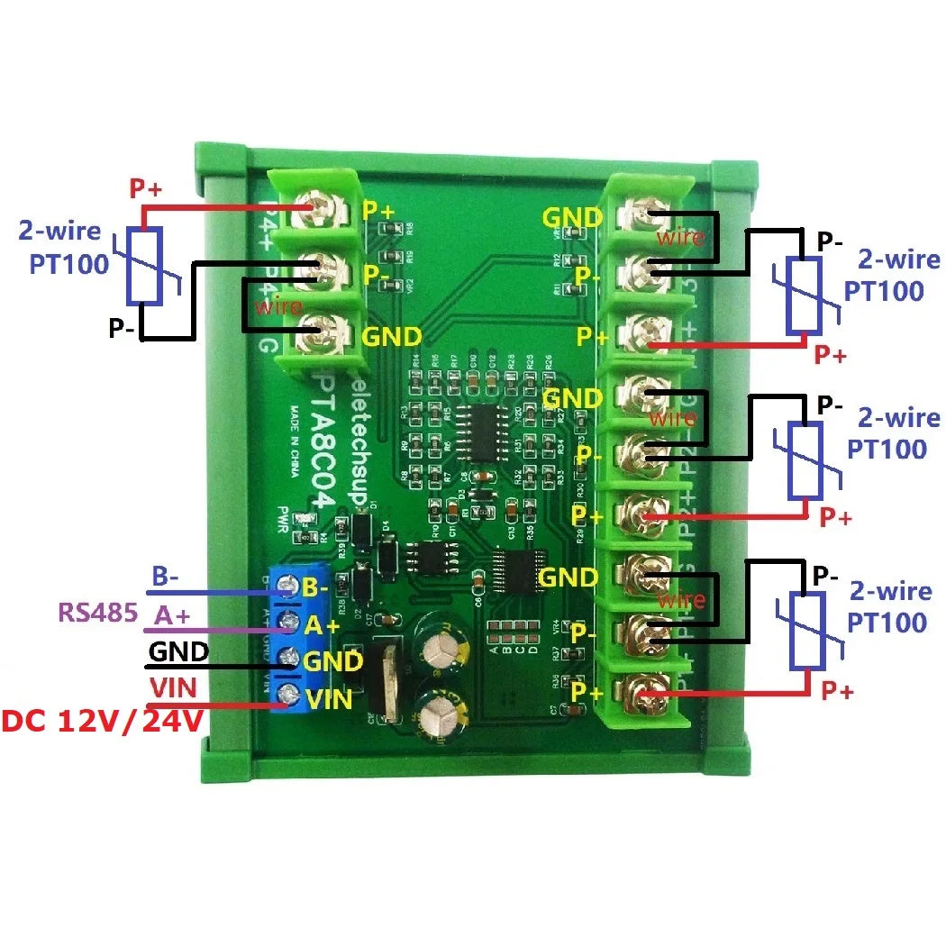 PTA8C04 4ch 500 Celsius PT100 Thermocouple RTD emperature Sensor RS485 Temperature Sensor Module Modbus RTU Board Paperless Recorder