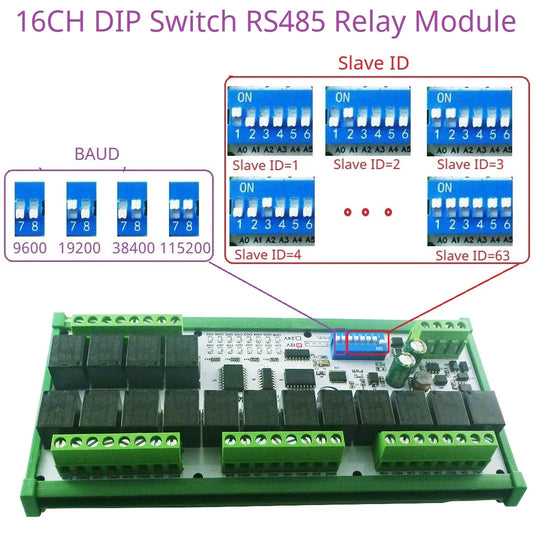 RYR416C 16CH DC 12V 24V Hardware Setup Parameters Modbus Rtu Multifunction RS485 Relay Module PLC HMI IO Expansion Board