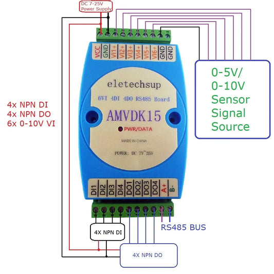 AMIDJ14 AMVDK15 3IN1 6AI-4DI-4DO 4-20MA 0-5 0-10V DI-DO RS485 IO Module for Temperature Humidity PT100 K J Thermocouple Sensor Motion Detector